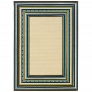 5' x 8' Ivory Mediterranean Blue and Lime Border Indoor Outdoor Area Rug