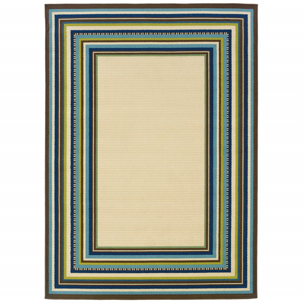 6' x 9' Ivory Mediterranean Blue and Lime Border Indoor Outdoor Area Rug