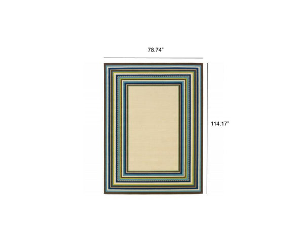 6' x 9' Ivory Mediterranean Blue and Lime Border Indoor Outdoor Area Rug