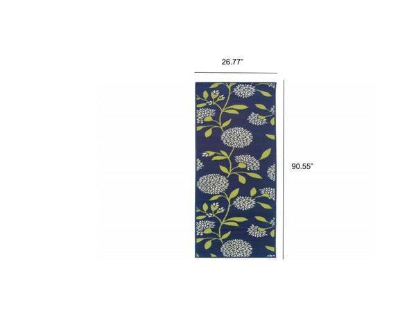 8' Indigo and Lime Green Floral Indoor or Outdoor Runner Rug