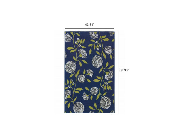 4' x 6' Indigo and Lime Green Floral Indoor Outdoor Area Rug