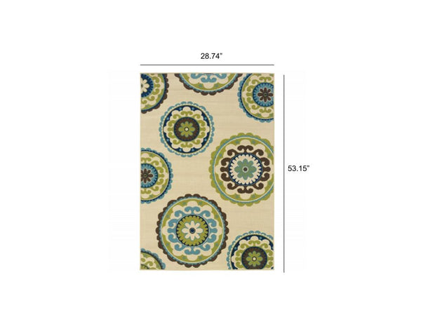 3' x 5' Ivory Indigo and Lime Medallion Disc Indoor Outdoor Area Rug