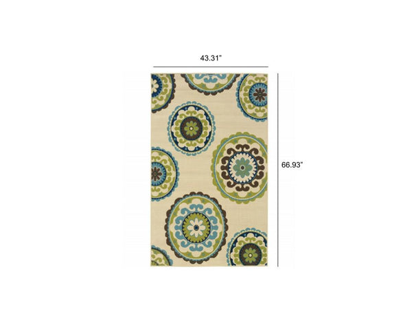 4' x 6' Ivory Indigo and Lime Medallion Disc Indoor Outdoor Area Rug