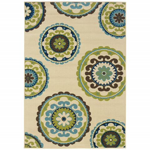 5' x 8' Ivory Indigo and Lime Medallion Disc Indoor Outdoor Area Rug