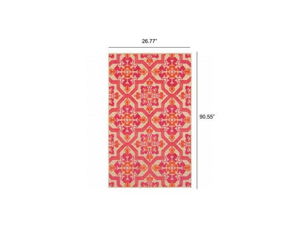 3' x 6' Pink and Orange Medallion Indoor Outdoor Area Rug