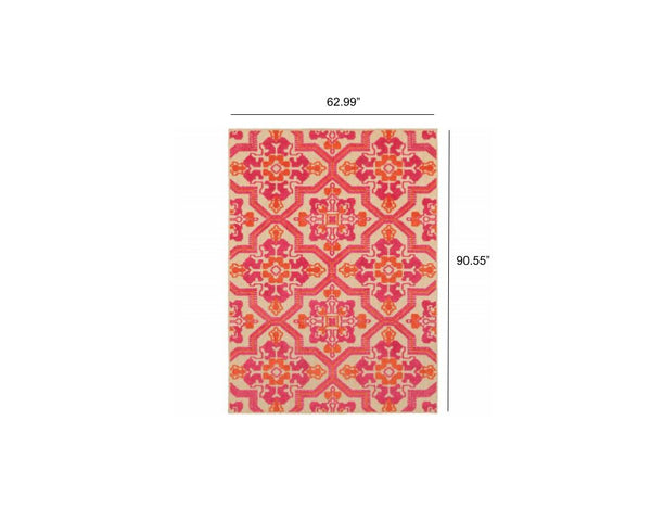 5' x 8' Pink and Orange Medallion Indoor Outdoor Area Rug