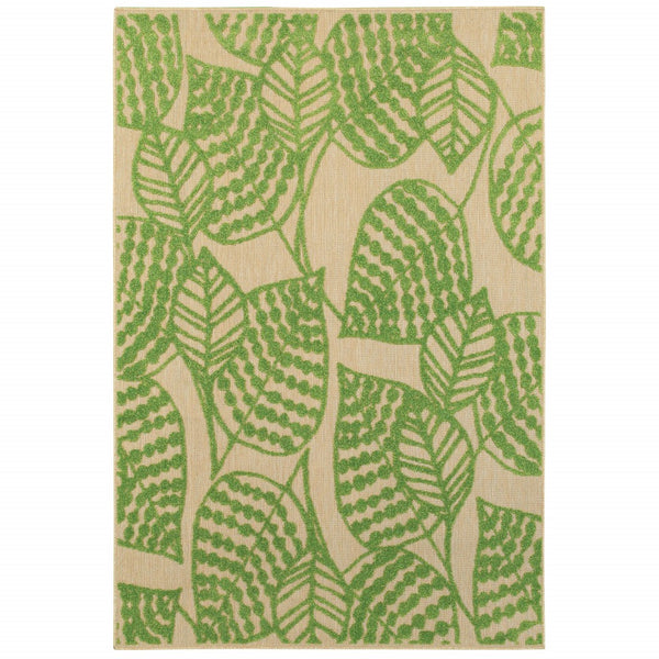 3' x 6' Sand and Lime Green Leaves Indoor Outdoor Area Rug