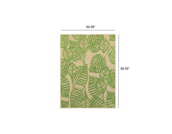 5' x 8' Sand and Lime Green Leaves Indoor Outdoor Area Rug