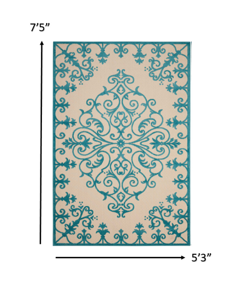 5’ x 8’ Aqua Medallion Indoor Outdoor Area Rug