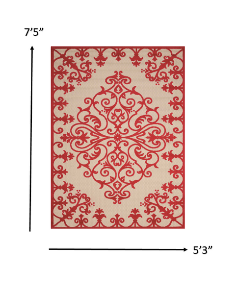 5’ x 8’ Red Medallion Indoor Outdoor Area Rug