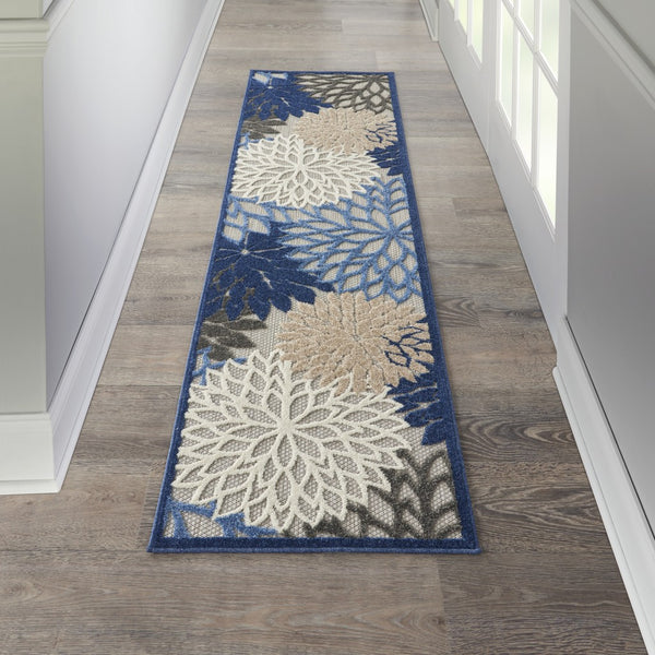 2’ x 10’ Blue Large Floral Indoor Outdoor Runner Rug