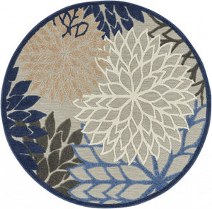 4’ Round Blue Large Floral Indoor Outdoor Area Rug