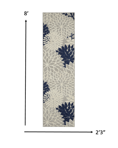 2’ x 8’ Ivory and Navy Indoor Outdoor Runner Rug