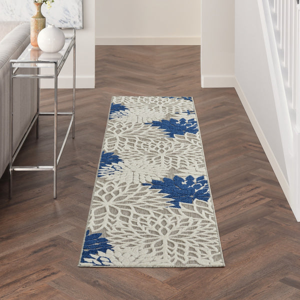 2’ x 8’ Ivory and Navy Indoor Outdoor Runner Rug