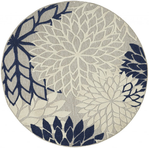 5’ Round Ivory and Navy Indoor Outdoor Area Rug