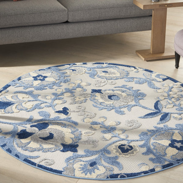 4’ Round Blue and Gray Indoor Outdoor Area Rug