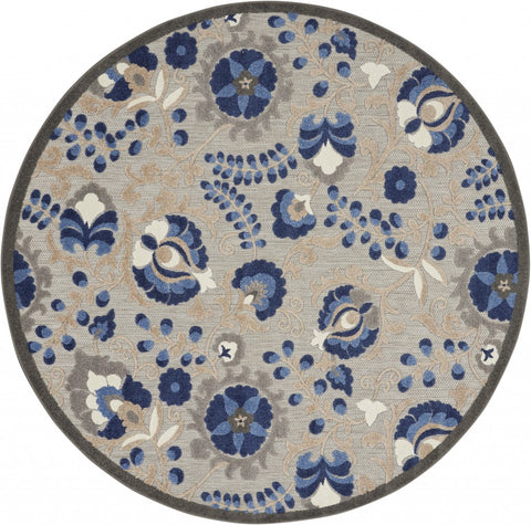 4’ Round Natural and Blue Indoor Outdoor Area Rug