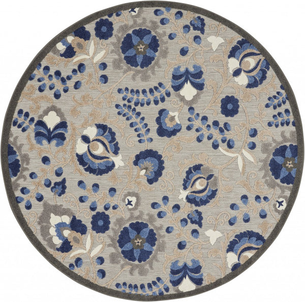 5’ Round Natural and Blue Indoor Outdoor Area Rug