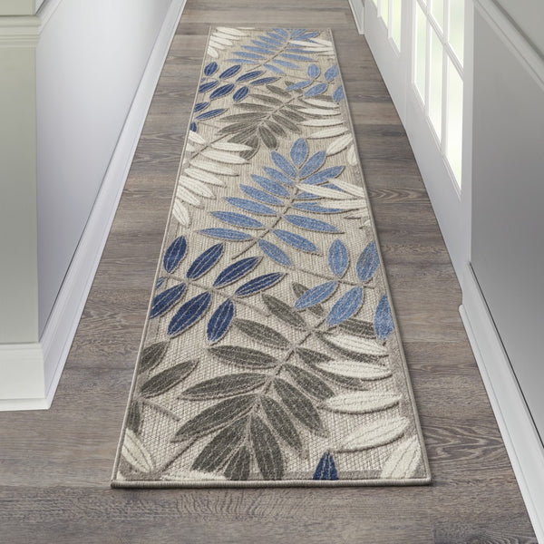 2’ x 6’ Gray and Blue Leaves Indoor Outdoor Runner Rug