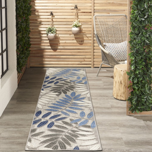 2’ x 6’ Gray and Blue Leaves Indoor Outdoor Runner Rug