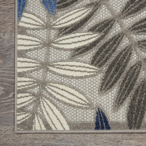 2’ x 6’ Gray and Blue Leaves Indoor Outdoor Runner Rug