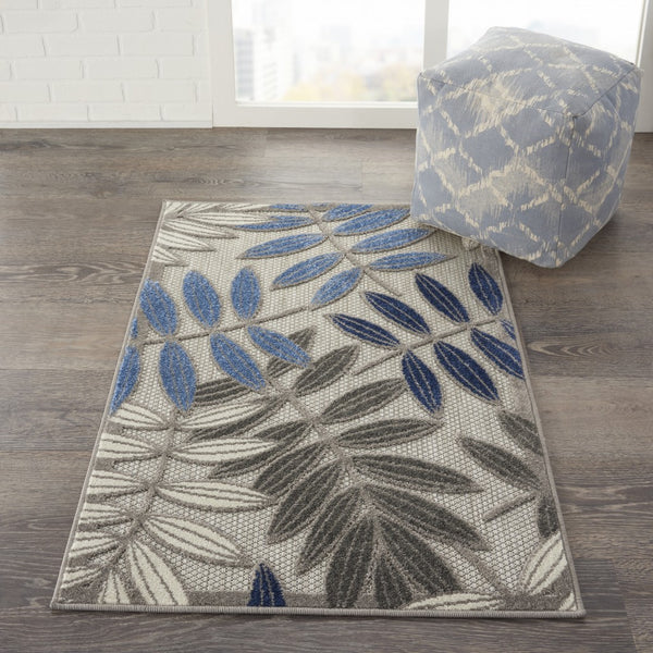 3’ x 4’ Gray and Blue Leaves Indoor Outdoor Area Rug