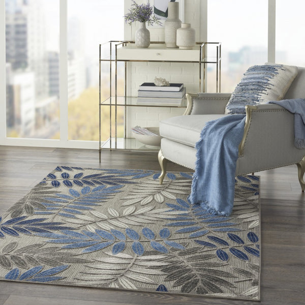 4’ x 6’ Gray and Blue Leaves Indoor Outdoor Area Rug