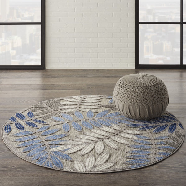 4’ Round Gray and Blue Leaves Indoor Outdoor Area Rug