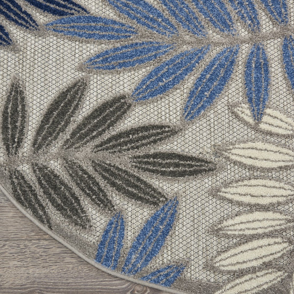 4’ Round Gray and Blue Leaves Indoor Outdoor Area Rug