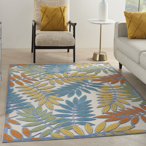 4’x 6’ Ivory and Colored Leaves Indoor Outdoor Runner Rug