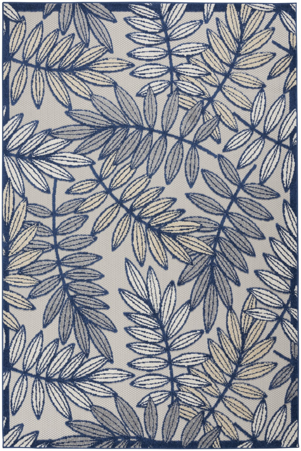 5’ x 7' Ivory and Navy Leaves Indoor Outdoor Area Rug