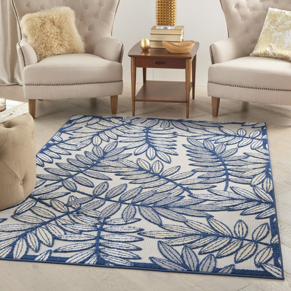 5’ x 7' Ivory and Navy Leaves Indoor Outdoor Area Rug