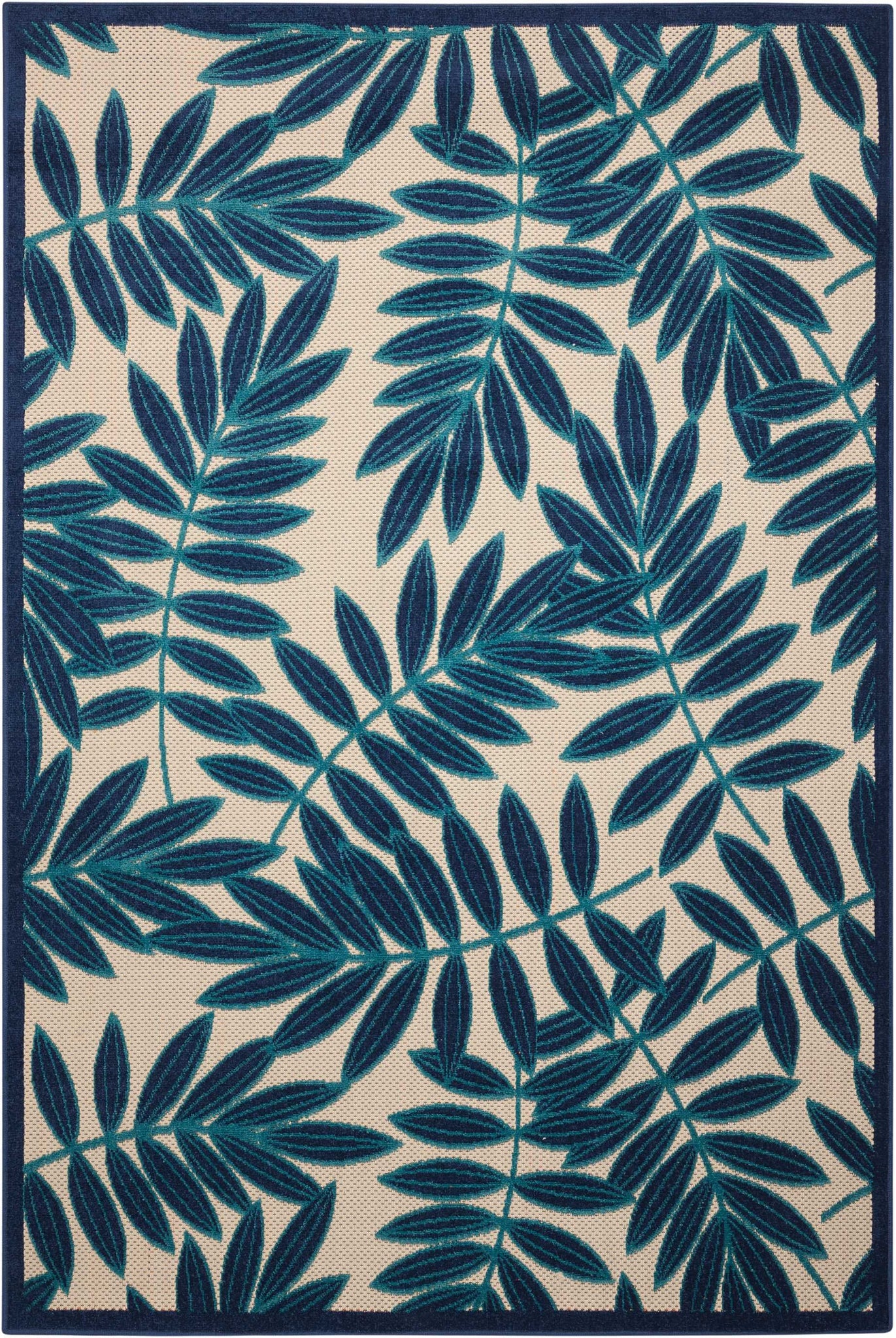 4’ x 6’ Navy and Beige Leaves Indoor Outdoor Area Rug