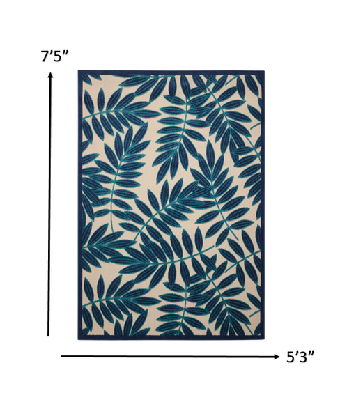 5’ x 8’ Navy and Beige Leaves Indoor Outdoor Area Rug