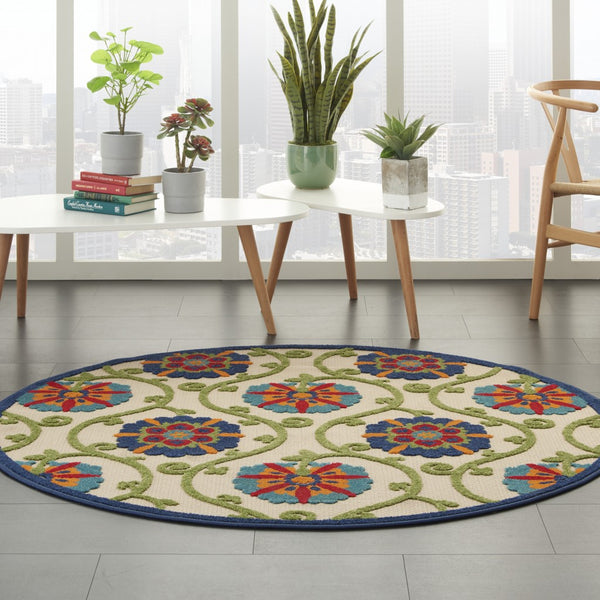 5’ Round Blue Vines Indoor Outdoor Area Rug