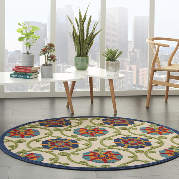 5’ Round Blue Vines Indoor Outdoor Area Rug