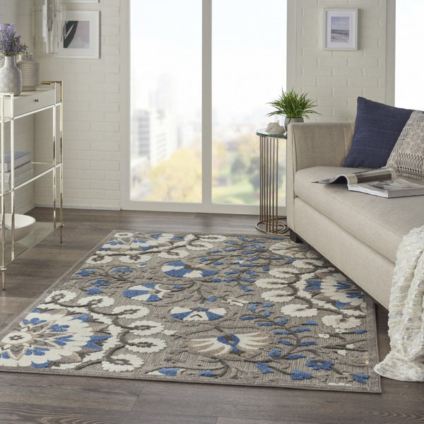 4’ x 6’ Gray and Blue Vines Indoor Outdoor Area Rug