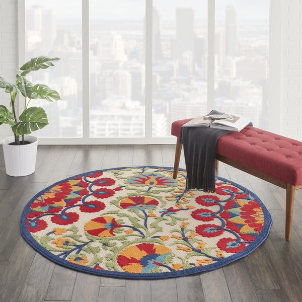 4’ Round Red and Multicolor Indoor Outdoor Area Rug