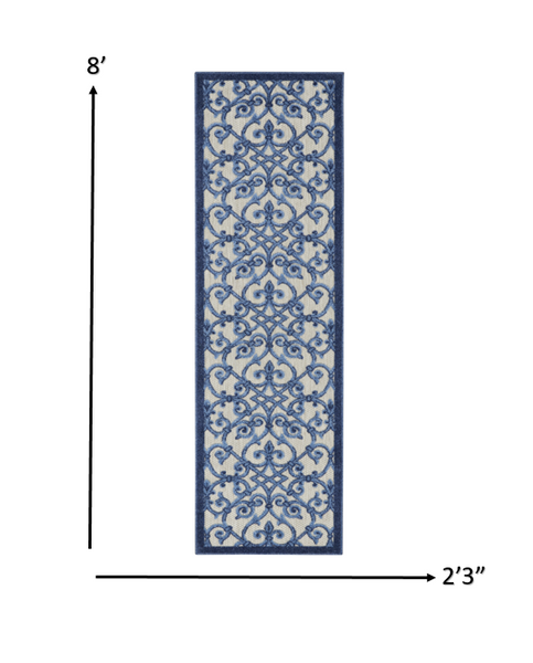 2’ x 8’ Gray and Blue Indoor Outdoor Runner Rug