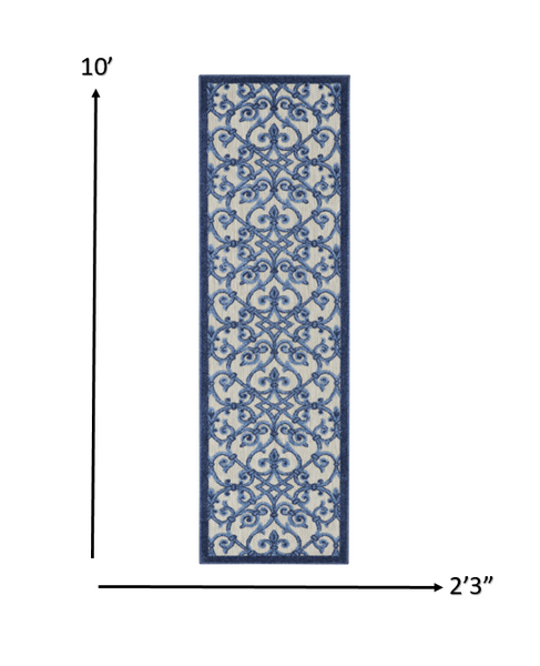 2’ x 10’ Gray and Blue Indoor Outdoor Runner Rug