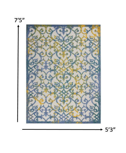 5’ x 7’ Ivory and Blue Indoor Outdoor Area Rug