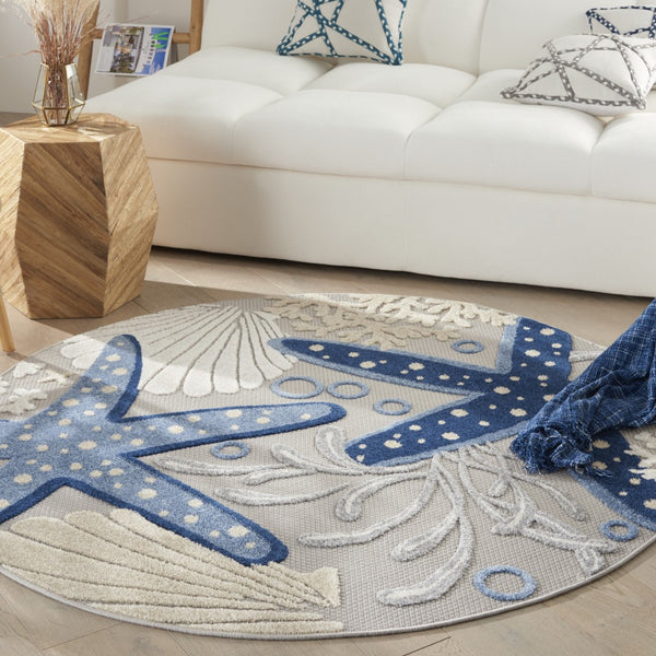 4’ Round Blue and Gray Indoor Outdoor Area Rug