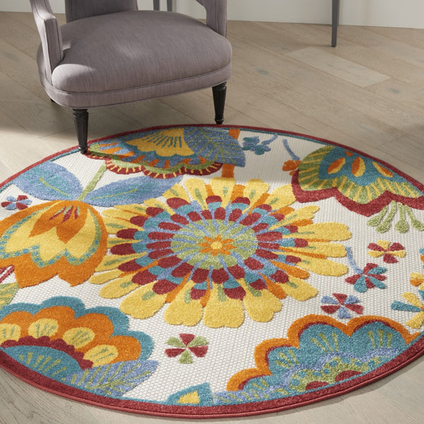 5’ Round Yellow and Ivory Indoor Outdoor Area Rug