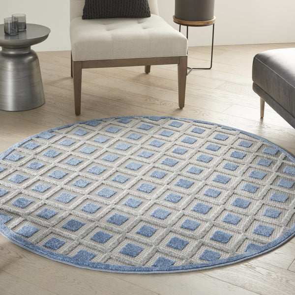 5’ Round Blue and Gray Indoor Outdoor Area Rug