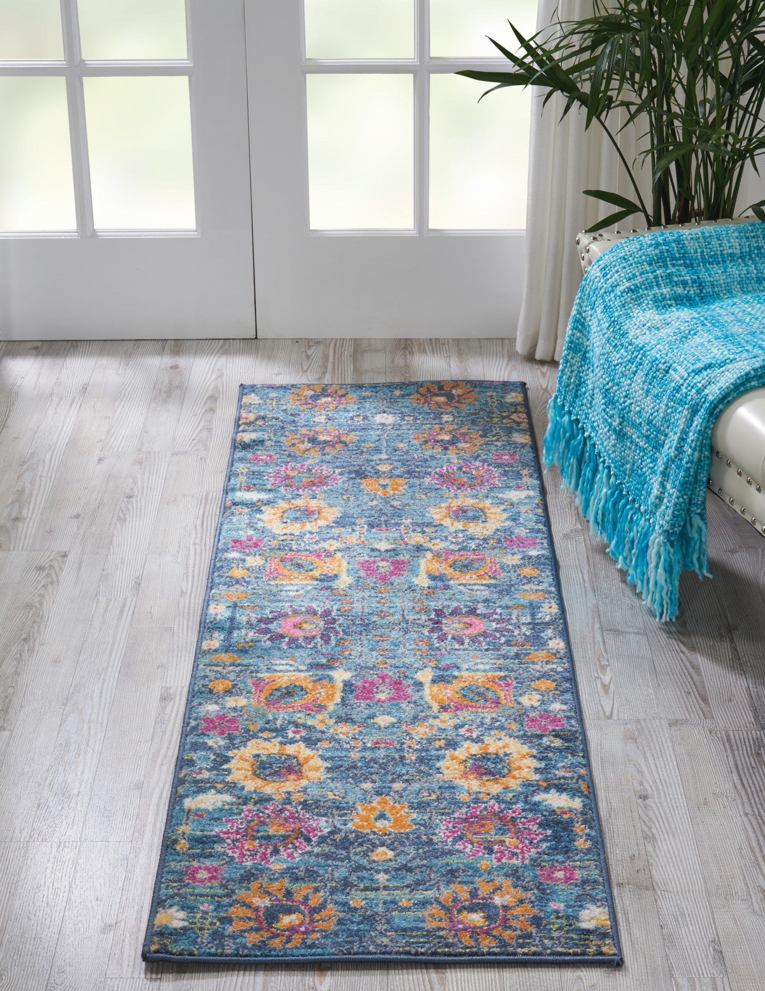 2' x 6’ Denim Blue Florals Distressed Runner Rug