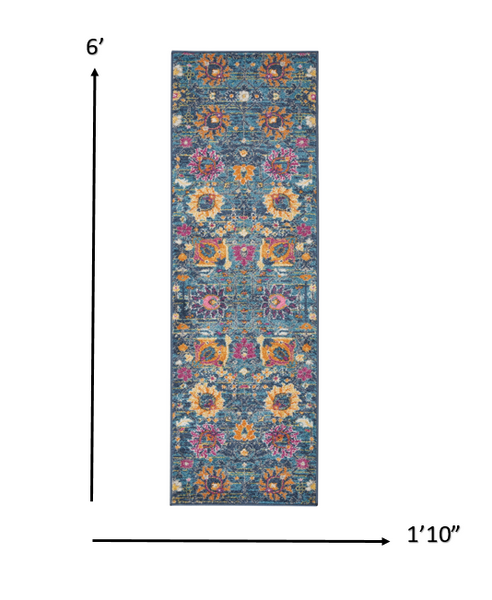 2' x 6’ Denim Blue Florals Distressed Runner Rug