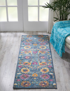 2' x 6’ Denim Blue Florals Distressed Runner Rug