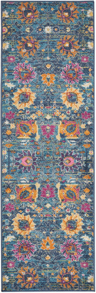 2' x 6’ Denim Blue Florals Distressed Runner Rug