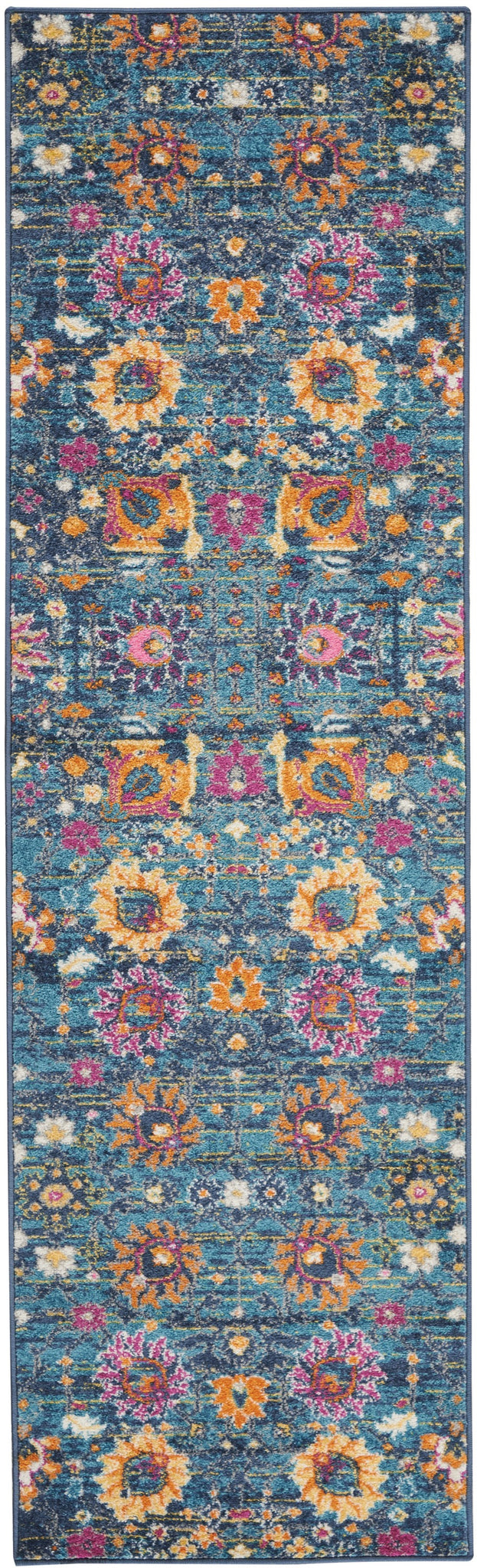 2’ x 10’ Denim Blue Florals Distressed Runner Rug