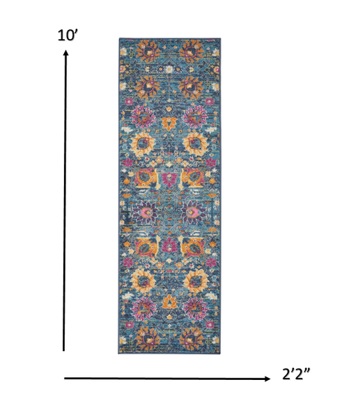 2’ x 10’ Denim Blue Florals Distressed Runner Rug